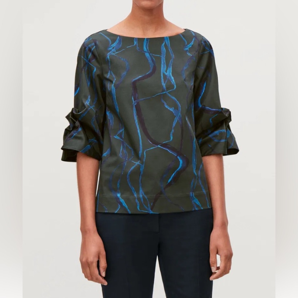 COS Olive Green Blouse with Blue Abstract Print